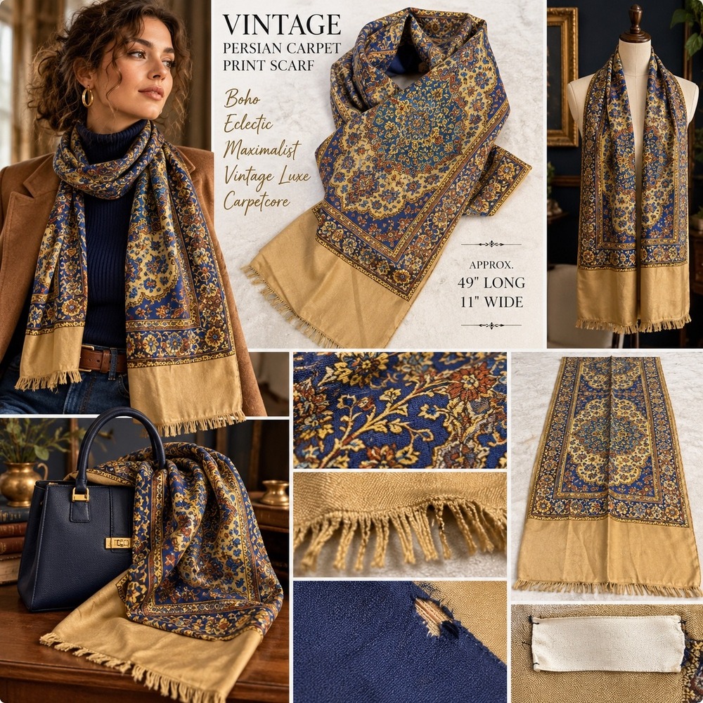 Vintage Persian Carpet Print Scarf 49x11 Fringed Navy Gold Boho Rug Motif